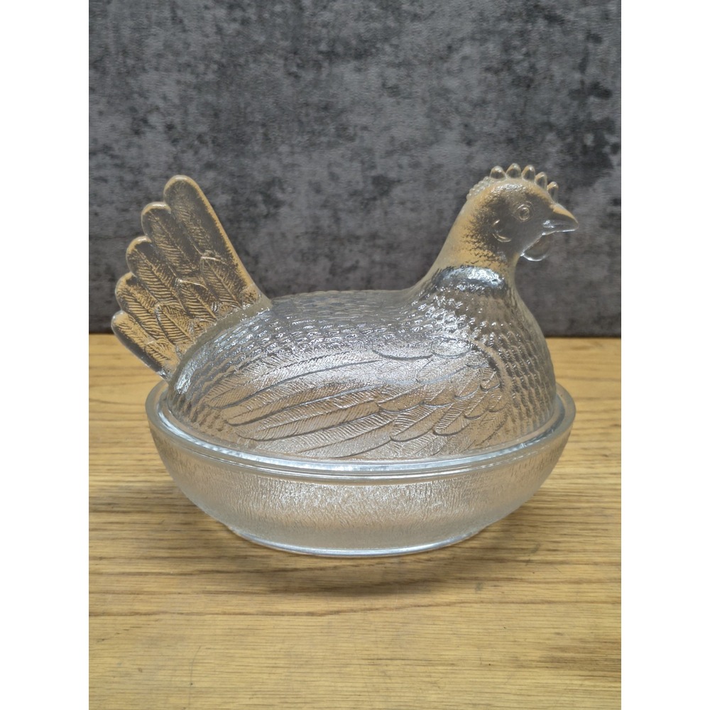 Vintage Indiana Glass Clear Hen On Nest Covered Candy Dish 6.5"